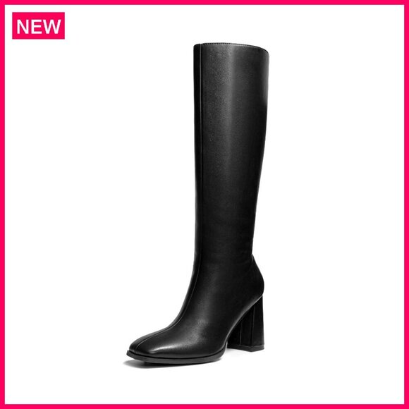 Shoes - Women's Knee High Boots Square Toe Chunky Heel Side Zipper Tall Boots